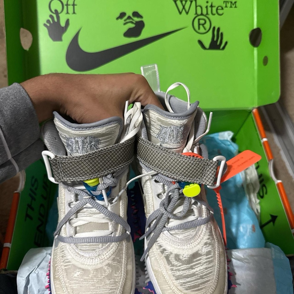Off-White White Grey High-Top Sneakers with Neon Accents